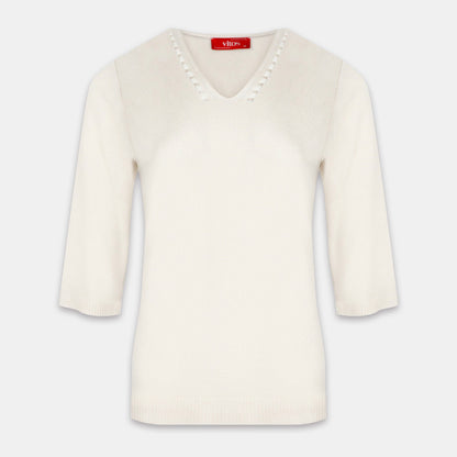 Blusa punto escote V calado manga 3/4 - C0008 Clasicos