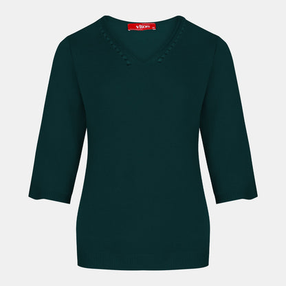 Blusa punto escote V calado manga 3/4 - C0008 Invierno