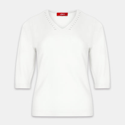 Blusa punto escote V calado manga 3/4 - C0008 Clasicos